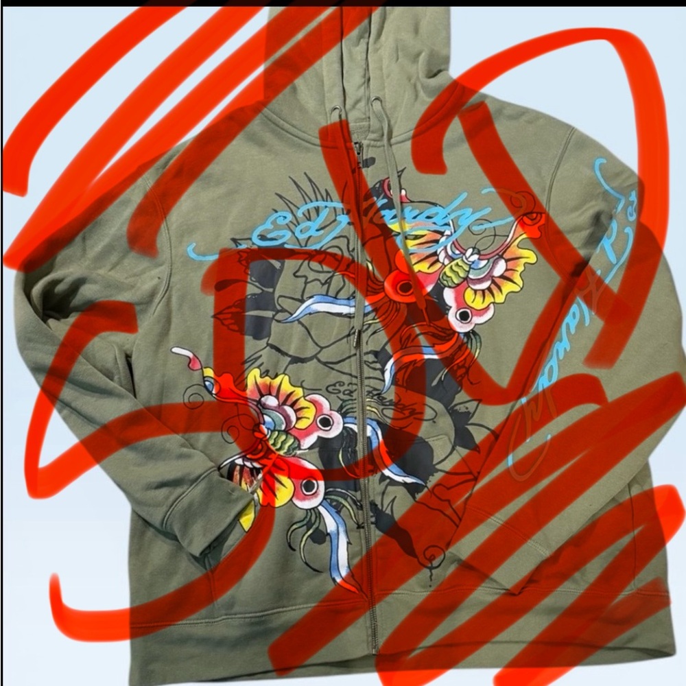 Ed Hardy Olive Hoodie with Bright Tattoo Graphics